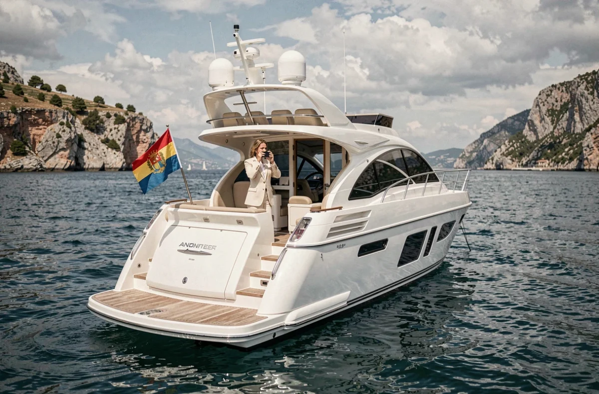 Femme d'affaires sur le pont arrière d'un yacht de luxe arborant le pavillon andorran, représentant la structure d'optimisation fiscale pour yachts en Andorre