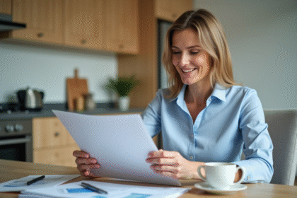 Femme d'affaires moyenne âge consulte documents dans cuisine