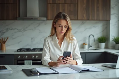 Femme d affaires regardant un document financier à la maison