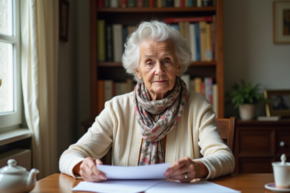 Femme agee en pastel lisant des documents dans son salon