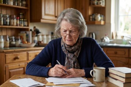 Femme agee en cuisine examinant des papiers avec concentration