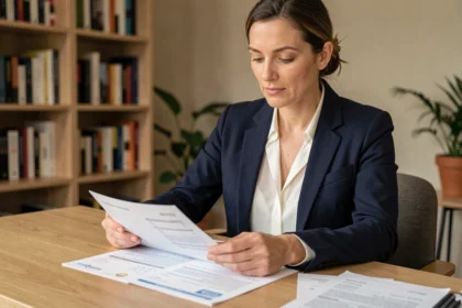 Femme analysant ses relevés de compte épargne Livret A et LDDS à son bureau à domicile