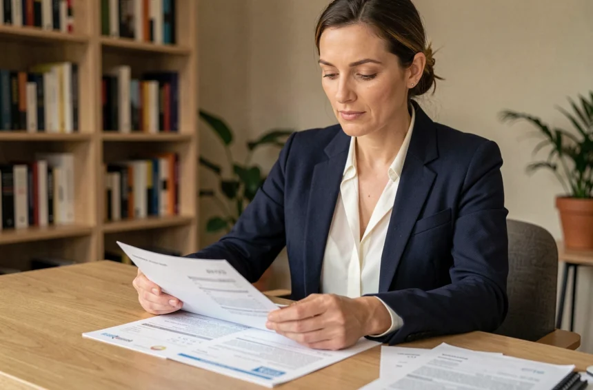 Femme analysant ses relevés de compte épargne Livret A et LDDS à son bureau à domicile