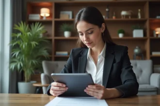 Femme d affaires consulte un document d assurance sur tablette