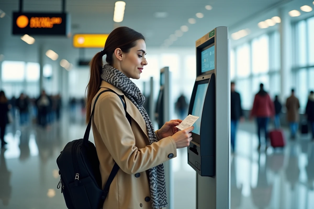 Jeune femme vérifie son reçu dans un terminal moderne à l