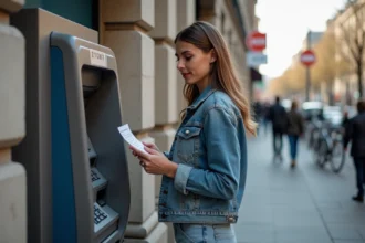 Femme en denim devant un distributeur automatique en ville