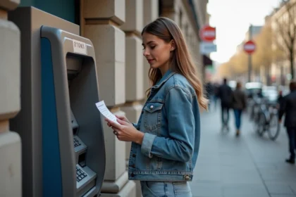 Femme en denim devant un distributeur automatique en ville