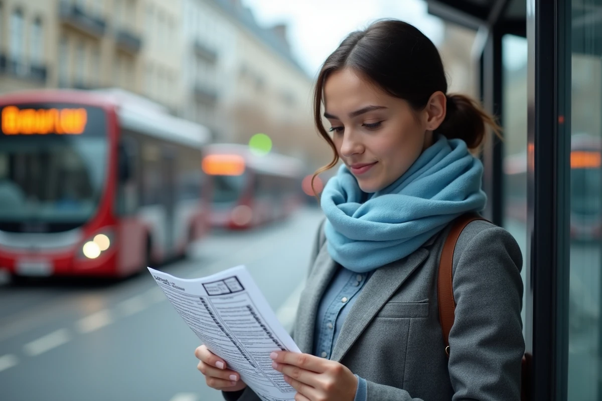 Jeune femme vérifiant les résultats Euromillions à un arrêt de bus