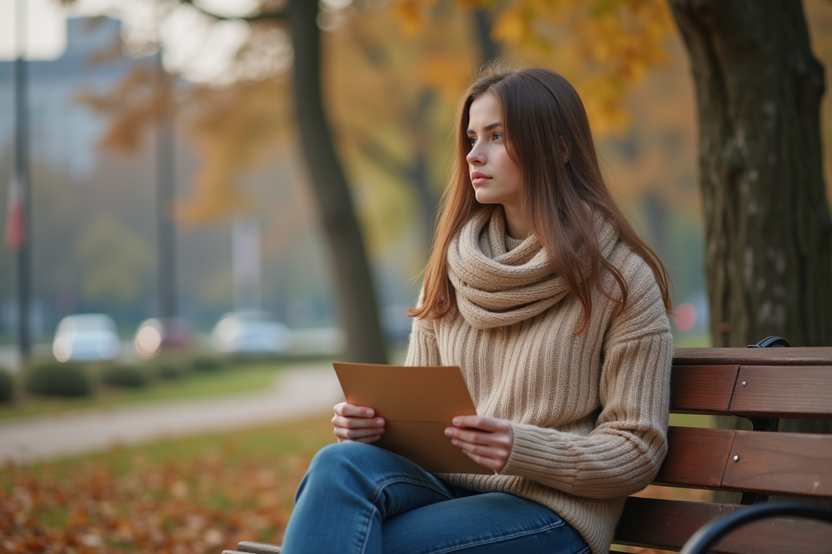 Jeune femme assise sur un banc dans un parc d
