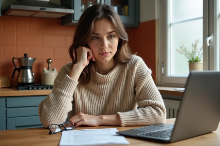 Femme consultant des avis sur l'assurance auto Pacifica sur son ordinateur portable dans une cuisine moderne