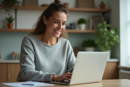 Femme souriante utilisant son ordinateur pour la banque en ligne