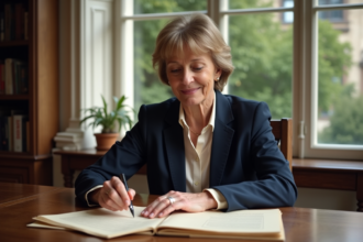 Femme belge en blazer navy manipulant des actes anciens