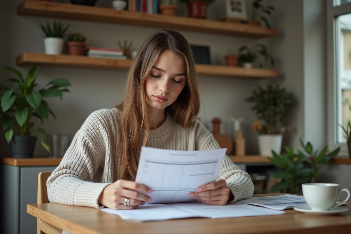 Jeune femme vérifiant ses factures à la maison