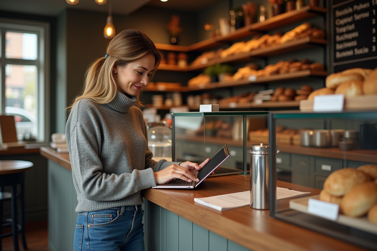 Femme d age moyen utilisant une tablette dans une boulangerie artisanale