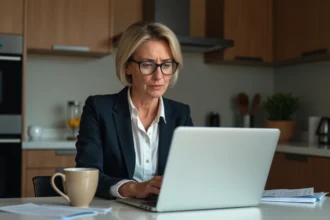 Femme d affaires concentrée devant son ordinateur à la maison