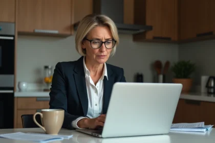 Femme d affaires concentrée devant son ordinateur à la maison