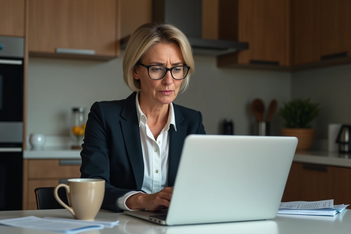 Femme d affaires concentrée devant son ordinateur à la maison