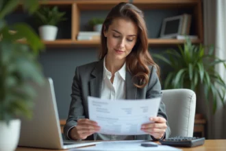 Femme d affaires examinant une fiche de paie dans un bureau moderne