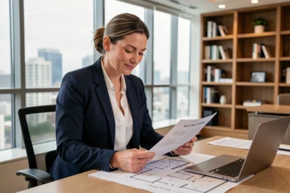 Femme cadre analysant des documents d'investissement immobilier en SCPI dans un bureau moderne