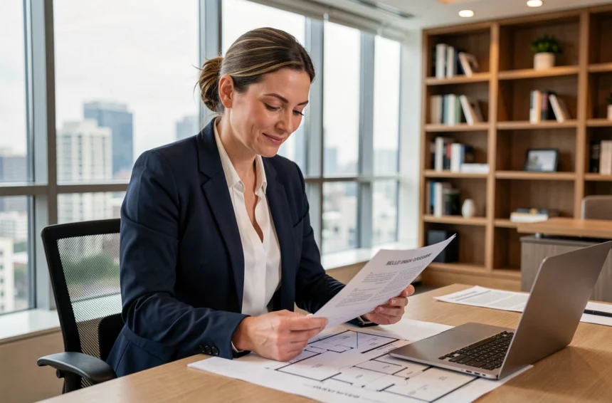 Femme cadre analysant des documents d'investissement immobilier en SCPI dans un bureau moderne