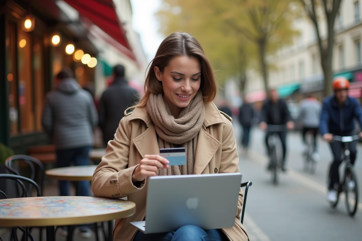 Femme au café vérifiant une carte sur son ordinateur en rue