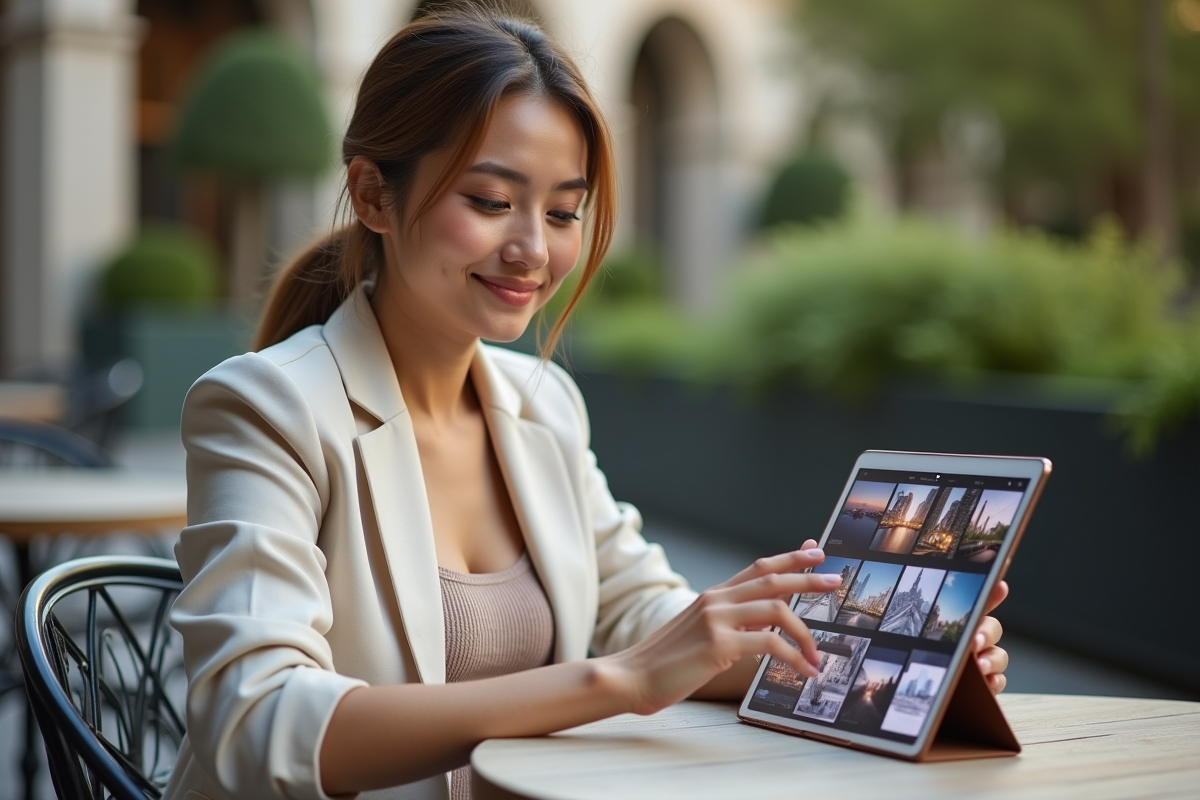Jeune femme regardant un portfolio sur une tablette en extérieur