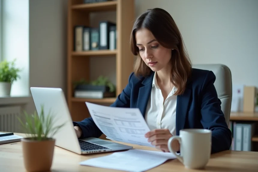 Femme consultant des documents fiscaux sur son bureau à domicile pour calculer son taux d'imposition sur le revenu