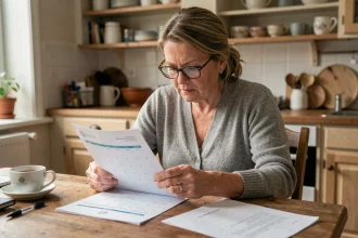 Femme consultant un calendrier de paiement de pension d'invalidité 2026 avec des documents administratifs sur une table en bois à la maison