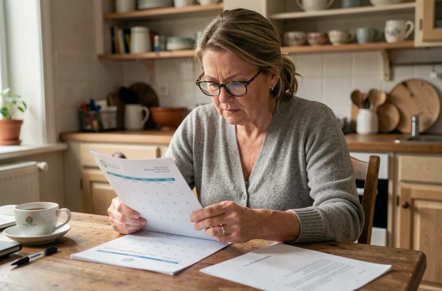 Femme consultant un calendrier de paiement de pension d'invalidité 2026 avec des documents administratifs sur une table en bois à la maison