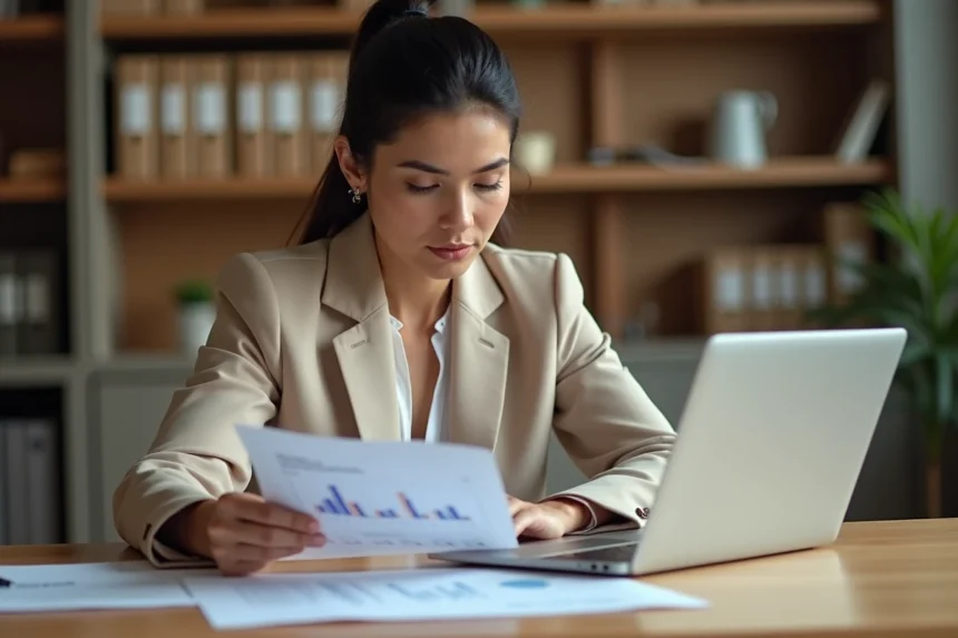 Femme qui compare des offres de crédit immobilier sur son bureau à domicile, documents et ordinateur portable visibles