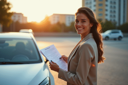 Femme confiante vérifiant documents d'assurance voiture