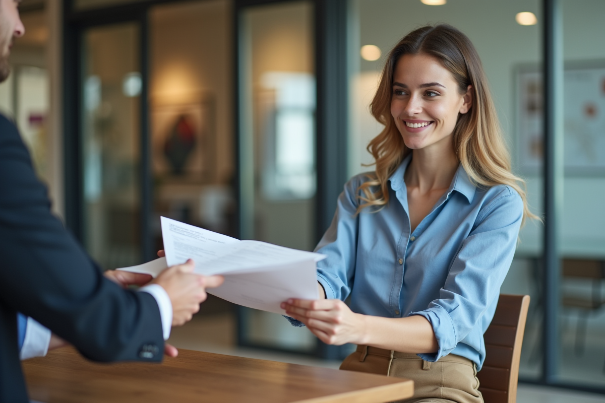 Jeune femme en blouse bleue remet un dossier à un conseiller bancaire