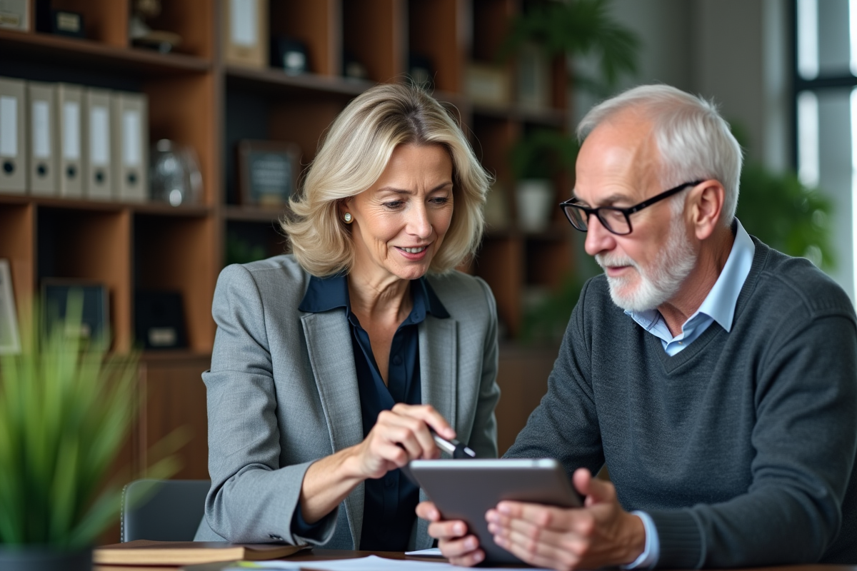 Conseillère financière expliquant un graphique sur tablette