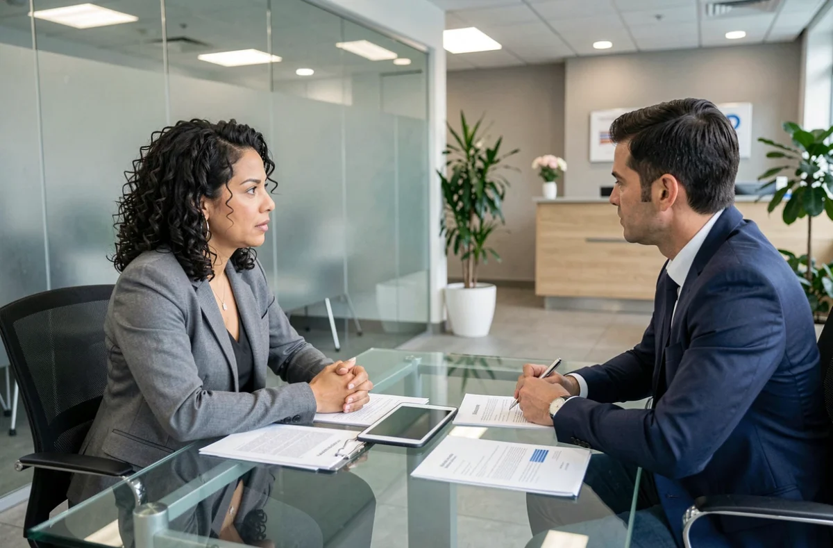 Femme consultant un conseiller financier pour négocier et réduire la surprime de son assurance de prêt immobilier