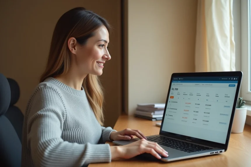 Femme consultant son compte bancaire en ligne sur un ordinateur portable depuis son bureau à domicile