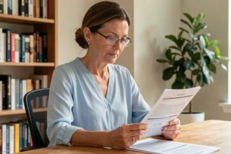 Femme consultant un document de mutuelle santé à son bureau à domicile
