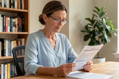 Femme consultant un document de mutuelle santé à son bureau à domicile