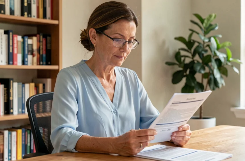 Femme consultant un document de mutuelle santé à son bureau à domicile