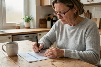 Femme remplissant sa déclaration d'impôts avec un formulaire fiscal français sur une table en bois, illustrant la case 7DB et le CESU préfinancé