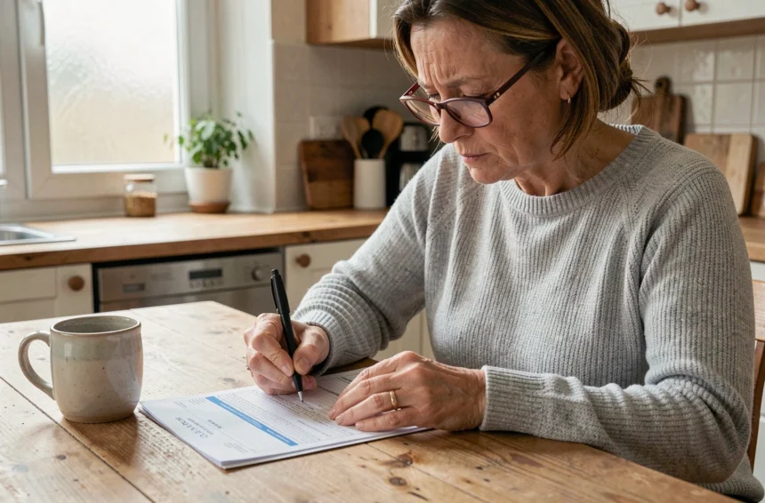 Femme remplissant sa déclaration d'impôts avec un formulaire fiscal français sur une table en bois, illustrant la case 7DB et le CESU préfinancé