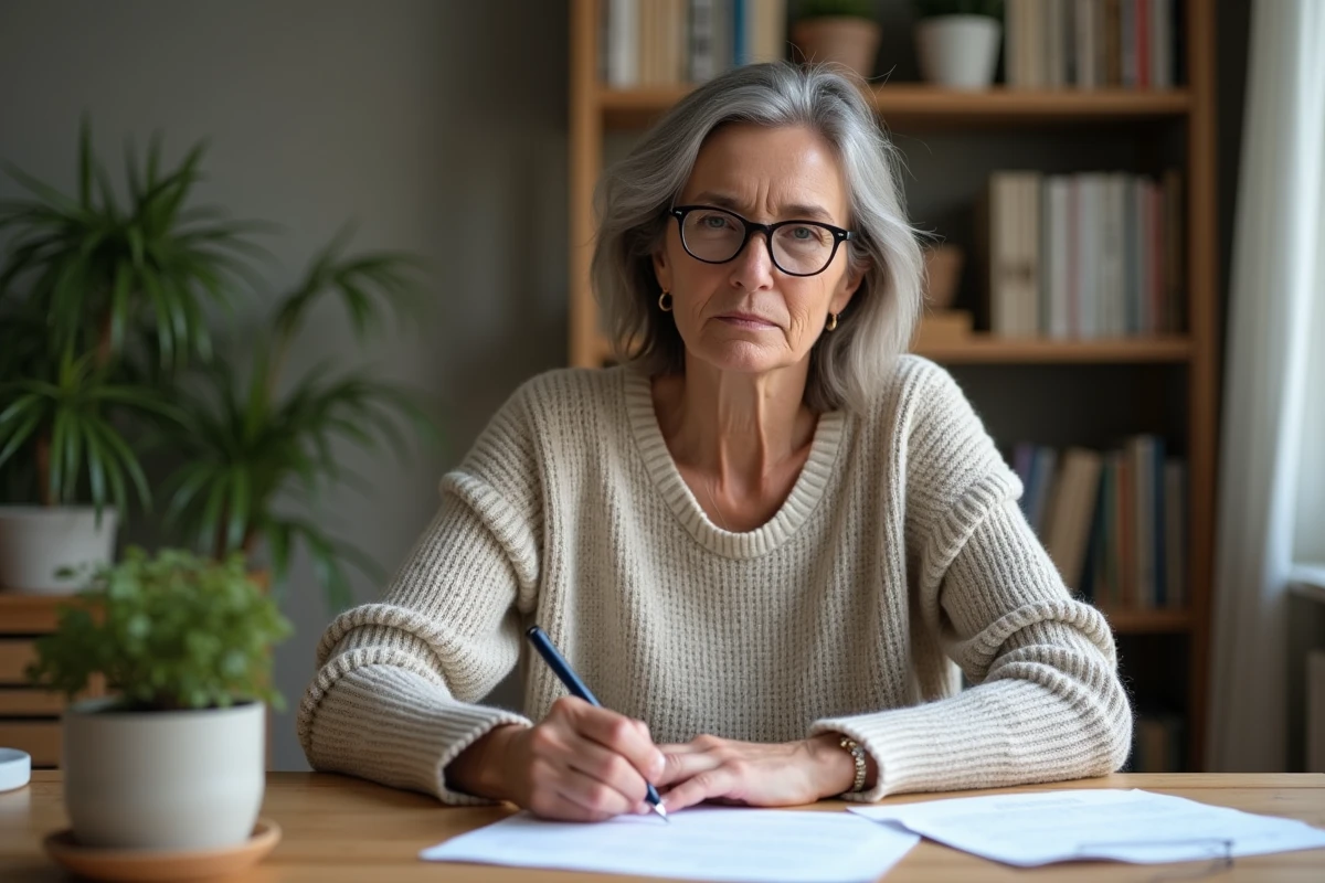 Femme concentrée remplissant déclaration de revenus à domicile