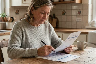Femme consultant ses documents fiscaux à la table de cuisine pour trouver le montant à reporter en case 2BH