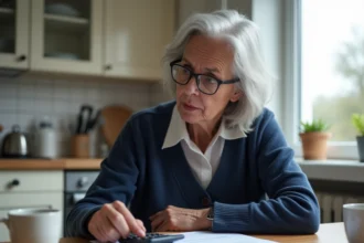 Femme de 58 ans consultant des documents de retraite à une table de cuisine, illustrant la planification financière liée au revenu médian en France