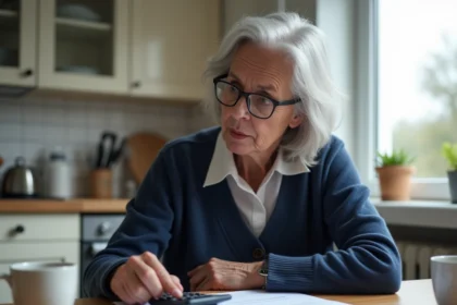 Femme de 58 ans consultant des documents de retraite à une table de cuisine, illustrant la planification financière liée au revenu médian en France