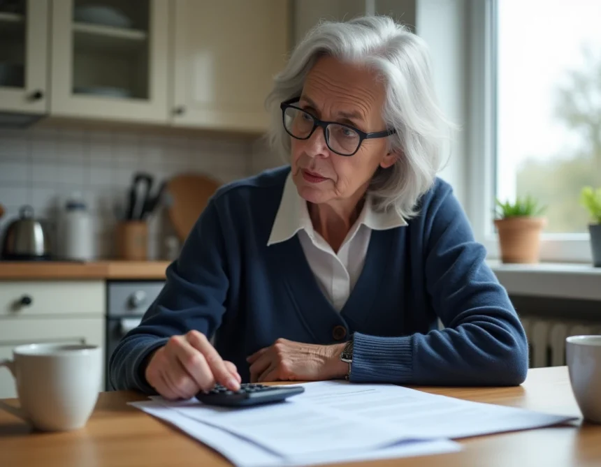 Femme de 58 ans consultant des documents de retraite à une table de cuisine, illustrant la planification financière liée au revenu médian en France