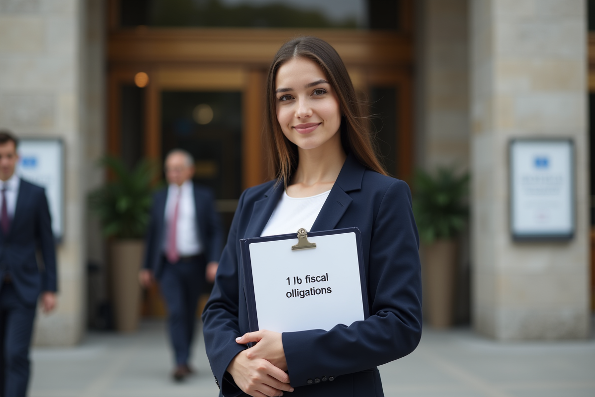 Jeune femme professionnelle devant un bâtiment officiel de fiscalité
