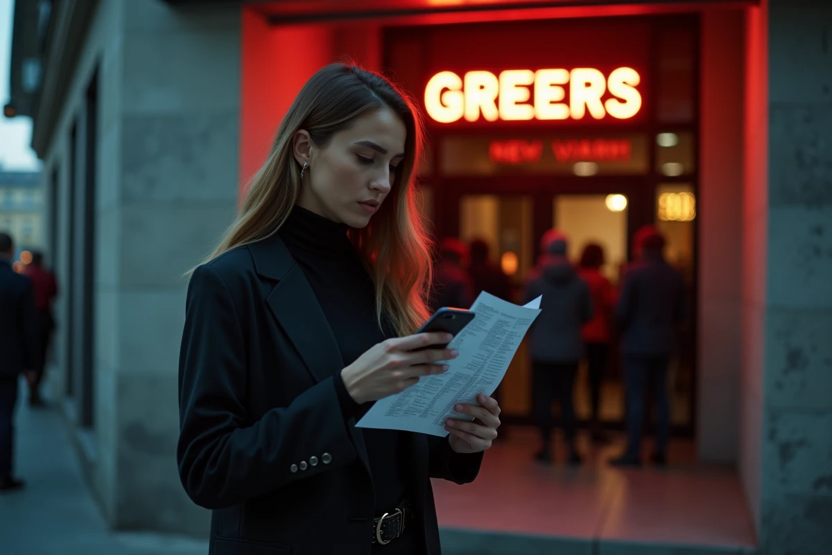 Femme consultant son téléphone devant l'entrée d'un club pour sa première sortie Blast Club