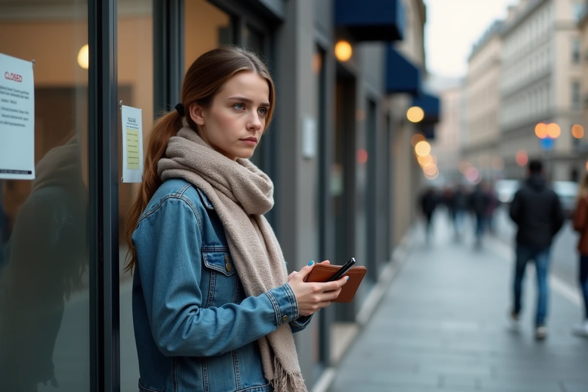 Jeune femme devant une banque fermée dans la rue