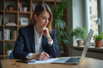 Femme professionnelle étudie graphiques financiers à domicile