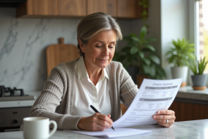 Femme d'âge moyen analysant un relevé financier à la maison